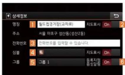 상세정보 명칭 1 월드컵경거장(교차로) 치도표시 On 주소 서울 마포구 섬산동(생산2동) 전화번호 3 전화번호를 입력할 수 있습니다. 심불 4 지도표시 On 그룹 5 그룹 1 드록지정 방성일련 On