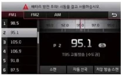 배터리 방전 주의 사동을 걸고 사용하십시오. FM1 FM2 AM 1 98.5 2 95.1 3 105.0 4 106.9 5 91.8 6 87.5 P 2 95.1 TBS 교통방송 [수도권] 스캔 자동 선국 저장 방송스캔