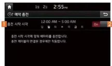 1월 2일 2:55PM 예약 충전 12:00 AM ~ 5:00 AM 충전 시작 시각 대처 막해 배터리를 충전합니다. 충전 계이블이 연결된 경우제만 작동합니다.