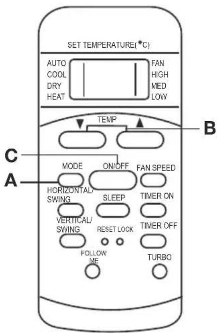 SET TEMPERATURE(°C) AUTO COOL DRY HEAT FAN HIGH MED LOW TEMP B C A MODE ON/OFF FAN SPEED HORIZONTAL/ SWING SLEEP TIMER ON VERTICAL/ SWING RESET LOCK TIMER OFF FOLLOW ME TURBO