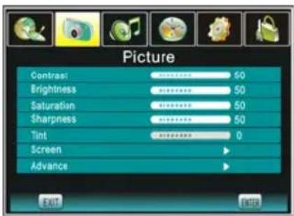 Picture Contrast: 50 Brightness 50 Saturation 50 Sharpness 50 Tint 0 Screen Advance