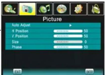 Picture Auto Adjust H Position 50 V Position 50 Size 0 Phase 50 EXIT