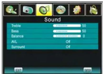 Sound Treble 50 Bass 50 Balance 0 AVL Off Surround Off EXIT ENTER