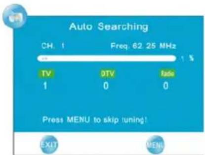 Auto Searching CH. 1 Freq. 62.25 MHz TV DTV fade 1 0 0 Press MENU to skip tuning! EXIT MENU