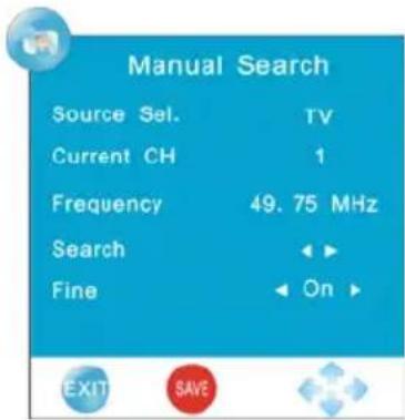 Manual Search Source Sel. TV Current CH 1 Frequency 49.75 MHz Search ◀ ▶ Fine ◀ On ▶ EXIT SAVE