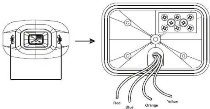 Diagram showing a device with color-coded wires connected to a fan, illustrating the transformation from a grid-patterned component to a multi-colored fan.