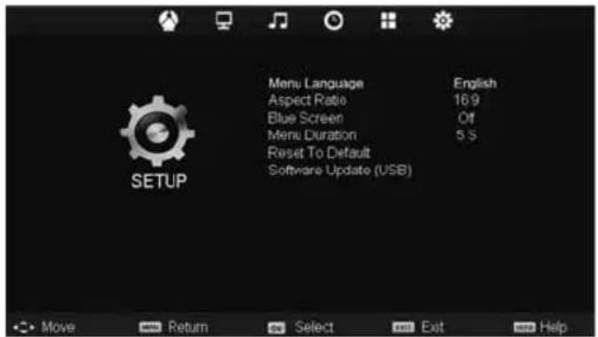 Menu Language Aspect Ratio Blue Screen Menu Duration Reset To Default Software Update (USB) English 169 Off 5 S SETUP Move Return Select Exit Help