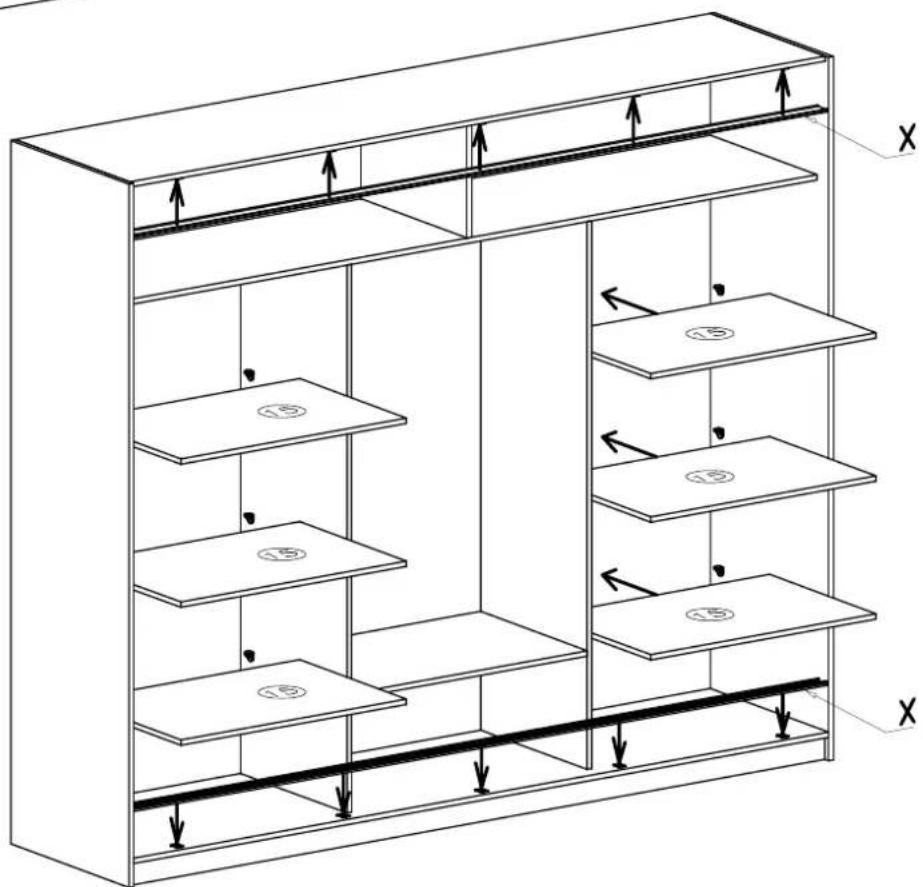 Technical diagram of a multi-level storage or shelving unit with labeled components and directional arrows indicating flow or movement.