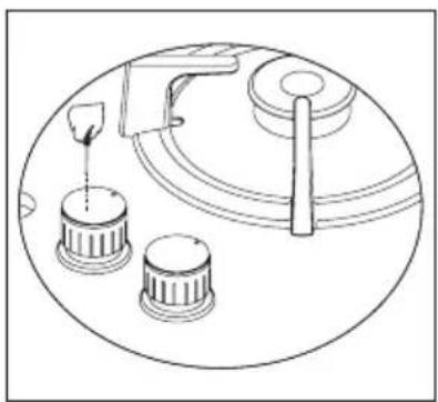 Diagram of a mechanical device with three circular components and a handle, no text or symbols present