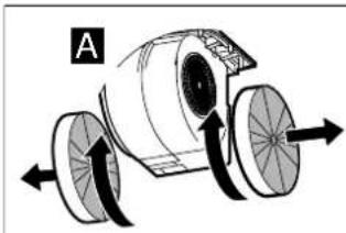 Mechaninio įrenginio schema su besisukančiais ratais ir krypties rodyklėmis, rodančiomis judėjimą (be teksto ar simbolių).