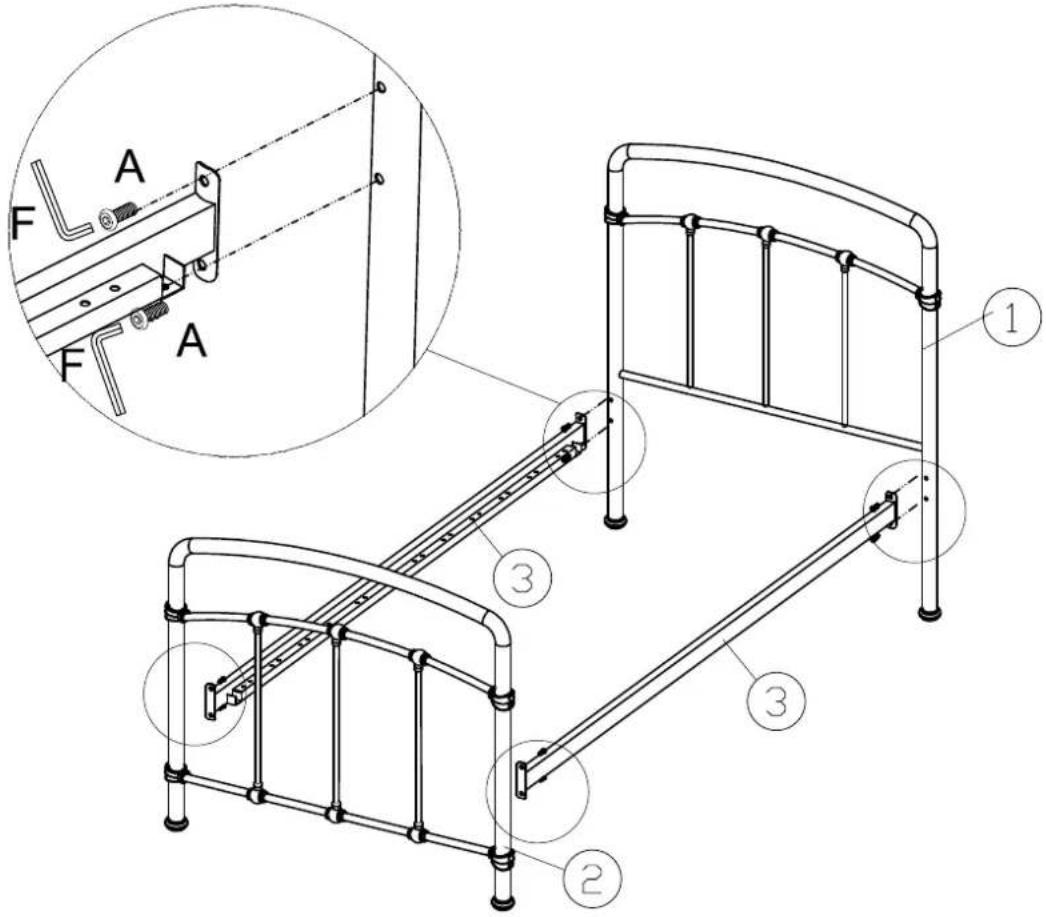 Technical diagram of a bed with labeled components and an inset showing a mechanical assembly detail.