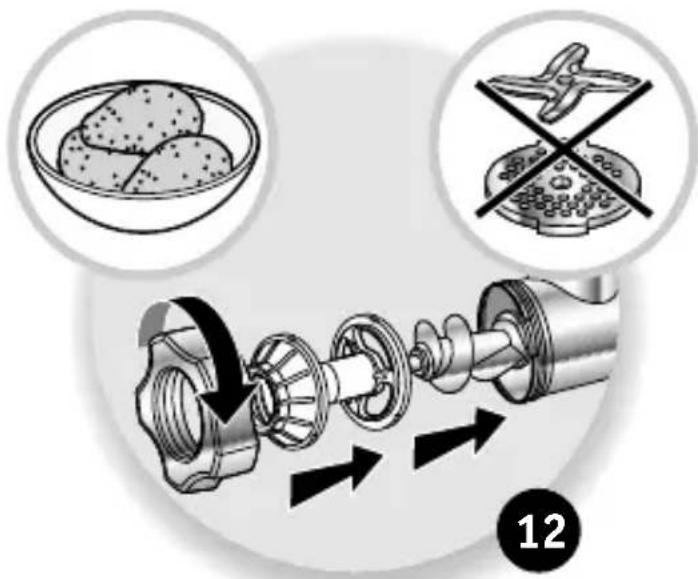 Diagram illustrating food processing steps with icons for breakfast, lunch, and cutting, showing directional arrows and labeled item number 12.