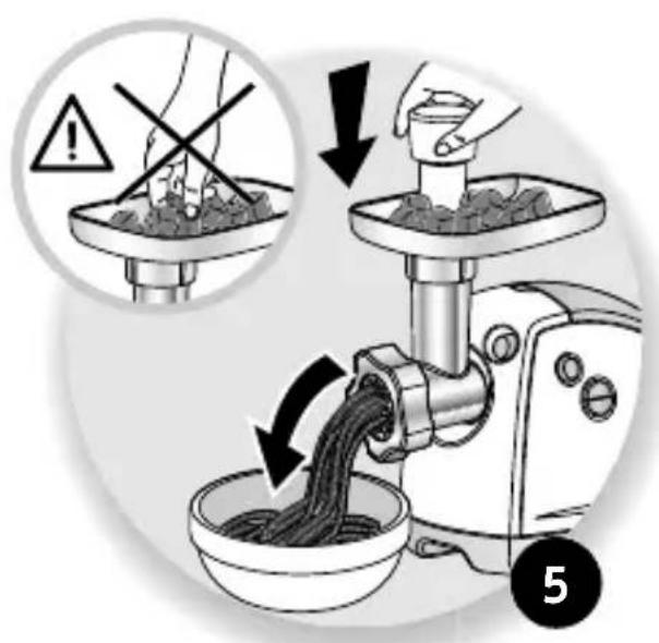 Illustration showing food processing steps with labeled arrows and warning symbols