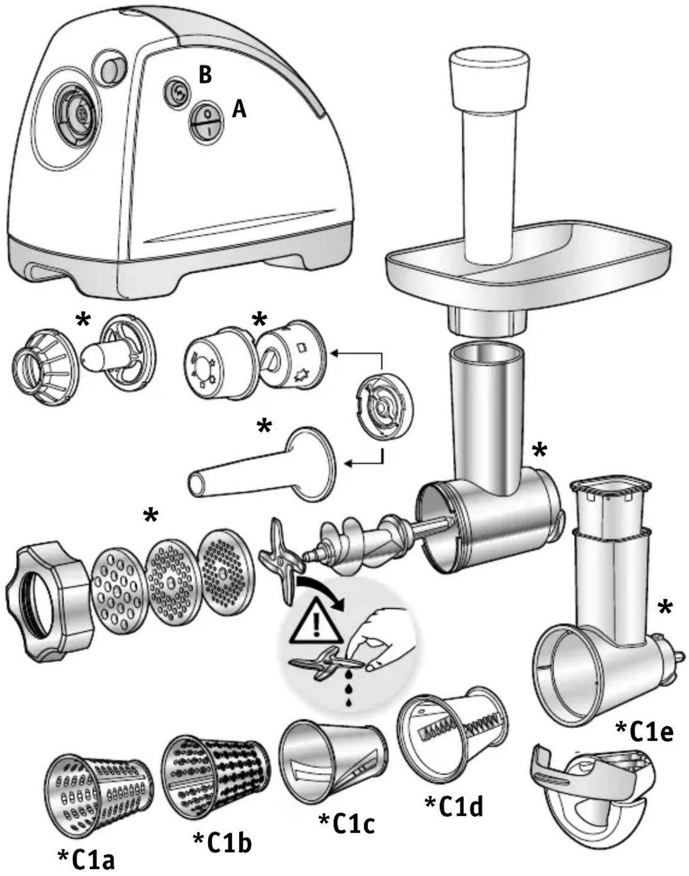 Technical diagram of a hairdryer with labeled parts including feeders, kitchen utensils, and control buttons