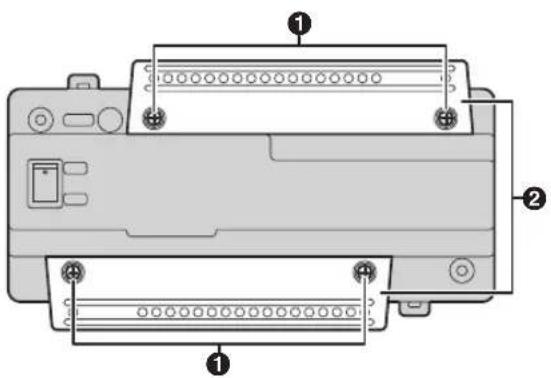 Diagram of a device rear panel with labeled components, showing ports and connectors