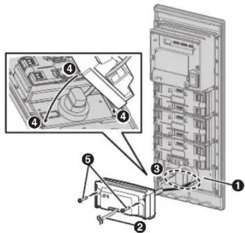 Technical diagram showing labeled components of a server rack with numbered parts and zoomed-in detail view