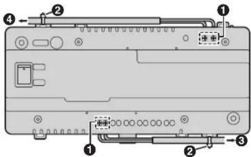 Diagram of a device rear panel with labeled components and connectors