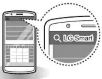 Diagram showing a smartphone screen with a grid interface and a LG Smart app icon, connected by a dotted circle to illustrate smart device interaction.