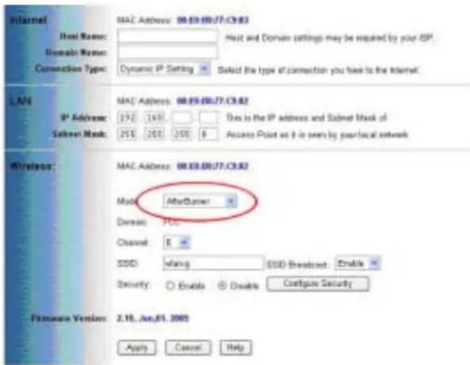 Internal Host Name: Hormain Name: Connection Type: MAC Address: 08.09.08.17.CN-83 Host and Domain settings may be required by your ISP. Dynamic IP Setting Select the type of connection you have to the Internal: LAN IP Address: Sabinet Mask: MAC Address: 08.09.08.17.CN-82 Dias is the IP address and Sabinet Mask of Access Print as it is seen by your local network Wireless: MAC Address: 08.09.08.17.CN-82 Mode AfterButton Domain PCC Channel E SSD Ifang SDD Broadcast Enable Security Enable Disable Configure Security Firmware Version: 2.18_Au.01.2003 Apply Cancel Help