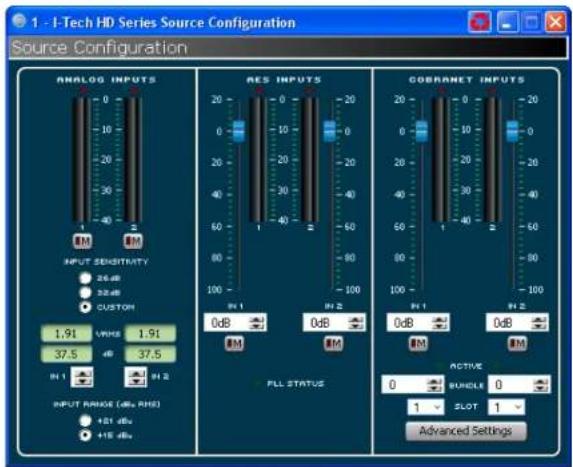 1 - I-Tech HD Series Source Configuration Source Configuration ANALOG INPUTS INPUT SENSITKATY 26 dB 32 dB CUSTOM IN 1 IN 2 IN 1 IN 2 RES INPUTS 0 dB IN 2 PLL STATUS GOBRANET INPUTS 0 dB IN 1 IN 2 ACTIVE 0 BUNDLE 0 1 SLOT 1 Advanced Settings