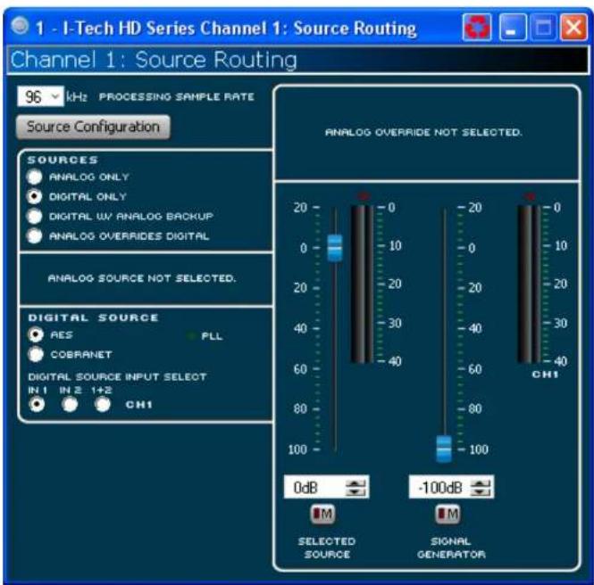 1 - I-Tech HD Series Channel 1: Source Routing Channel 1: Source Routing 96 kHz PROCESSING SAMPLE RATE Source Configuration SOURCES ANALOG ONLY DIGITAL ONLY DIGITAL UV ANALOG BACKUP ANALOG OVERRIDES DIGITAL ANALOG SOURCE NOT SELECTED. DIGITAL SOURCE RES PLL COBRANET DIGITAL SOURCE INPUT SELECT IN 1 IN 2 1+2 CH1 ANALOG OVERRIDE NOT SELECTED. 0dB -100dB SELECTED SOURCE SIONAL GENERATOR