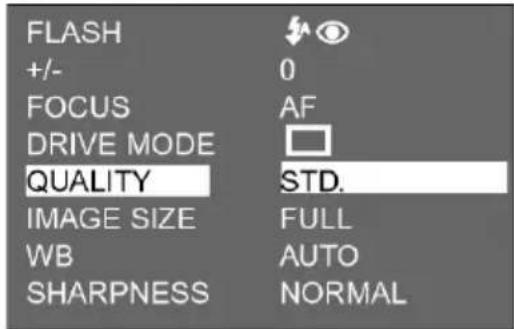 FLASH +/- 0 FOCUS AF DRIVE MODE QUALITY STD. IMAGE SIZE FULL WB AUTO SHARPNESS NORMAL