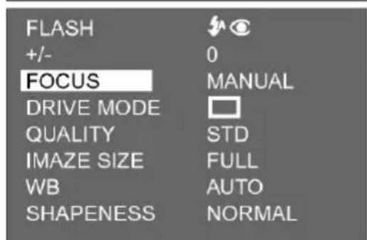 FLASH +/- 0 FOCUS MANUAL DRIVE MODE □ QUALITY STD IMAZE SIZE FULL WB AUTO SHAPENESS NORMAL