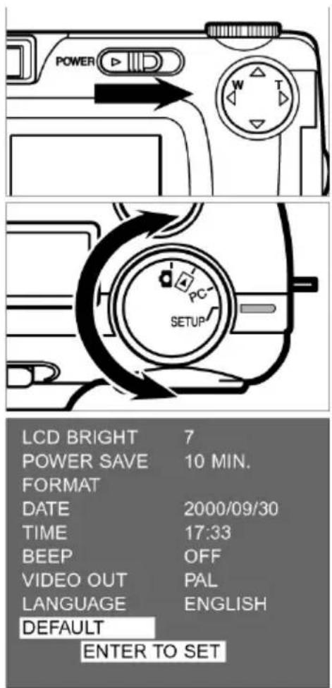 LCD BRIGHT 7 POWER SAVE 10 MIN. FORMAT DATE 2000/09/30 TIME 17:33 BEEP OFF VIDEO OUT PAL LANGUAGE ENGLISH DEFAULT ENTER TO SET
