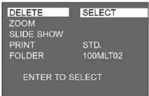 DELETE ZOOM SLIDE SHOW PRINT STD. FOLDER 100MLT02 ENTER TO SELECT SELECT