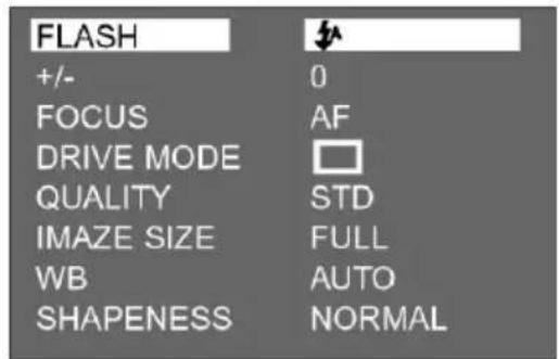 FLASH +/- 0 FOCUS AF DRIVE MODE QUALITY STD IMAZE SIZE FULL WB AUTO SHAPENESS NORMAL