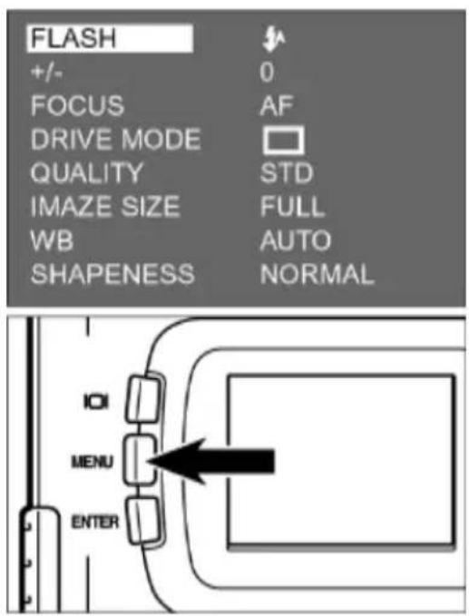 FLASH +/- 0 FOCUS AF DRIVE MODE QUALITY STD IMAZE SIZE FULL WB AUTO SHAPENESS NORMAL MENU ENTER