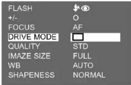 FLASH +/- FOCUS DRIVE MODE QUALITY IMAZE SIZE WB SHAPENESS O AF STD FULL AUTO NORMAL