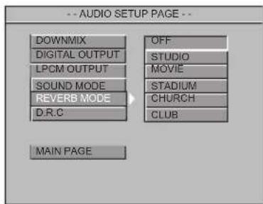 -- AUDIO SETUP PAGE -- DOWNMIX DIGITAL OUTPUT LPCM OUTPUT SOUND MODE REVERB MODE D.R.C OFF STUDIO MOVIE STADIUM CHURCH CLUB MAIN PAGE