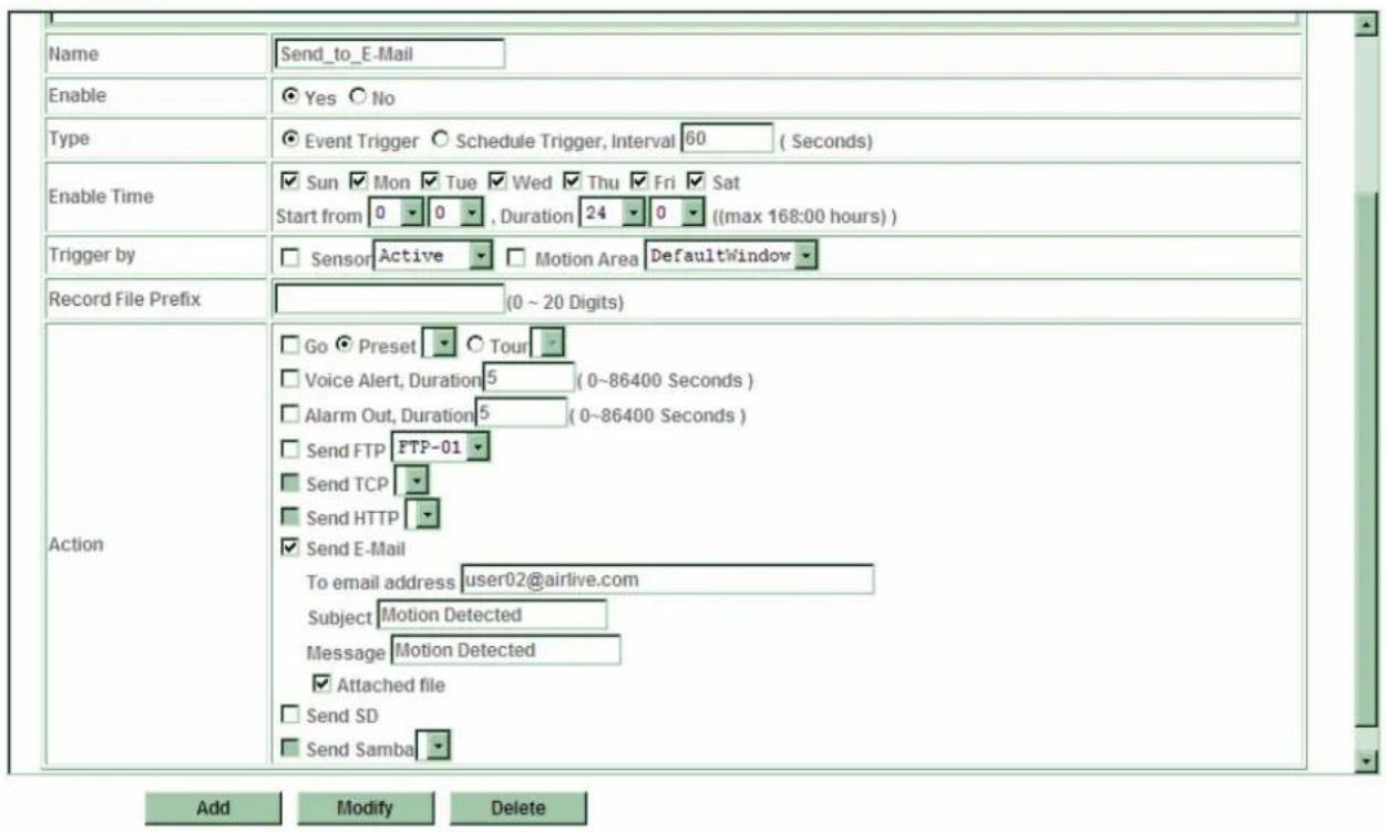 Name Send_to_E-Mail Enable Yes No Type Event Trigger Schedule Trigger, Interval 60 (Seconds) Enable Time Sun Mon Tue Wed Thu Fri Sat Start from 0 0 , Duration 24 0 ((max 168:00 hours)) Trigger by Sensor Active Motion Area DefaultWindow Record File Prefix (0 ~ 20 Digits) Action Go Preset Tour Voice Alert, Duration 5 (0~86400 Seconds) Alarm Out, Duration 5 (0~86400 Seconds) Send FTP FTP-01 Send TCP Send HTTP Send E-Mail To email address user02@airlive.com Subject Motion Detected Message Motion Detected Attached file Send SD Send Samba Add Modify Delete