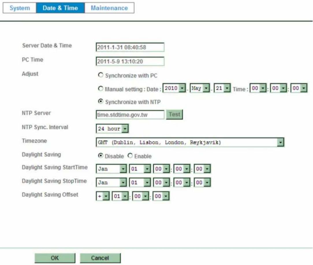 System Date & Time Maintenance Server Date & Time 2011-1-31 08:40:58 PC Time 2011-5-9 13:10:20 Adjust ○ Synchronize with PC ○ Manual setting : Date : 2010 - May - 21 Time : 00 : 00 : 00 ● Synchronize with NTP NTP Server time.stdtime.gov.tw Test NTP Sync. Interval 24 hour Timezone GMT (Dublin, Lisbon, London, Reykjavik) Daylight Saving ● Disable ○ Enable Daylight Saving StartTime Jan 01 00 : 00 : 00 Daylight Saving StopTime Jan 01 00 : 00 : 00 Daylight Saving Offset + 01 : 00 : 00 OK Cancel