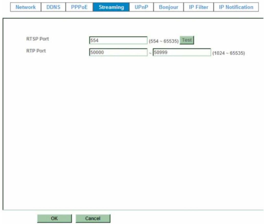 Network DDNS PPPoE Streaming UPnP Bonjour IP Filter IP Notification RTSP Port 554 (554 ~ 65535) Test RTP Port 50000 ~ 50999 (1024 ~ 65535) OK Cancel