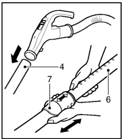 Diagram illustrating hand positioning and movement of a device with numbered parts labeled 1 through 7