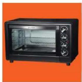 Black outdoor toaster oven with open lid and control knobs, set against an orange background (no visible text or symbols)