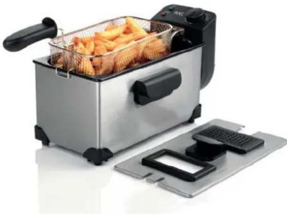 Electric kitchen electric oven with fried food being placed on a stand (no visible text or symbols)