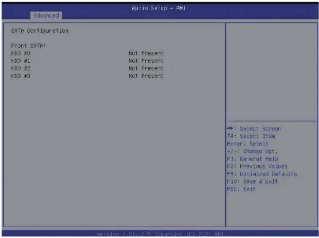 Aptio Setup - AMI Advanced SATA Configuration Front SATA: HDD #0 Not Present HDD #1 Not Present HDD #2 Not Present HDD #3 Not Present +: Select Screen ↑↓: Select Item Enter: Select +/-: Change Opt. F1: General Help F3: Previous Values F9: Optimized Defaults F10: Save & Exit ESC: Exit version 2.31.1878 Copyright 10.2021.AM