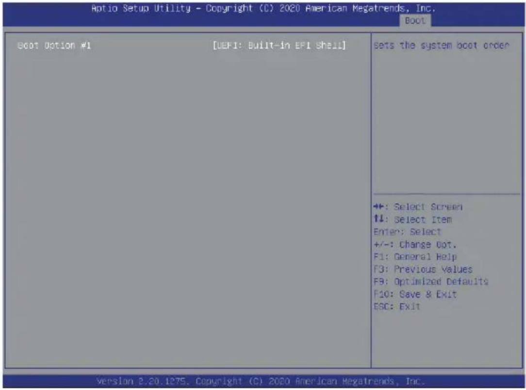 Aptio Setup Utility - Copyright (C) 2020 American Megatrends, Inc. Boot Boot Option #1 [UEFI: Built-in EPI Shell] sets the system boot order +: Select Screen +: Select Item Enter: Select +/-: Change Opt. F1: General Help F3: Previous Values F9: Optimized Defaults F10: Save & Exit ESC: Exit Version 8.20.1275. Copyright (C) 2020 American Megatrends, Inc.