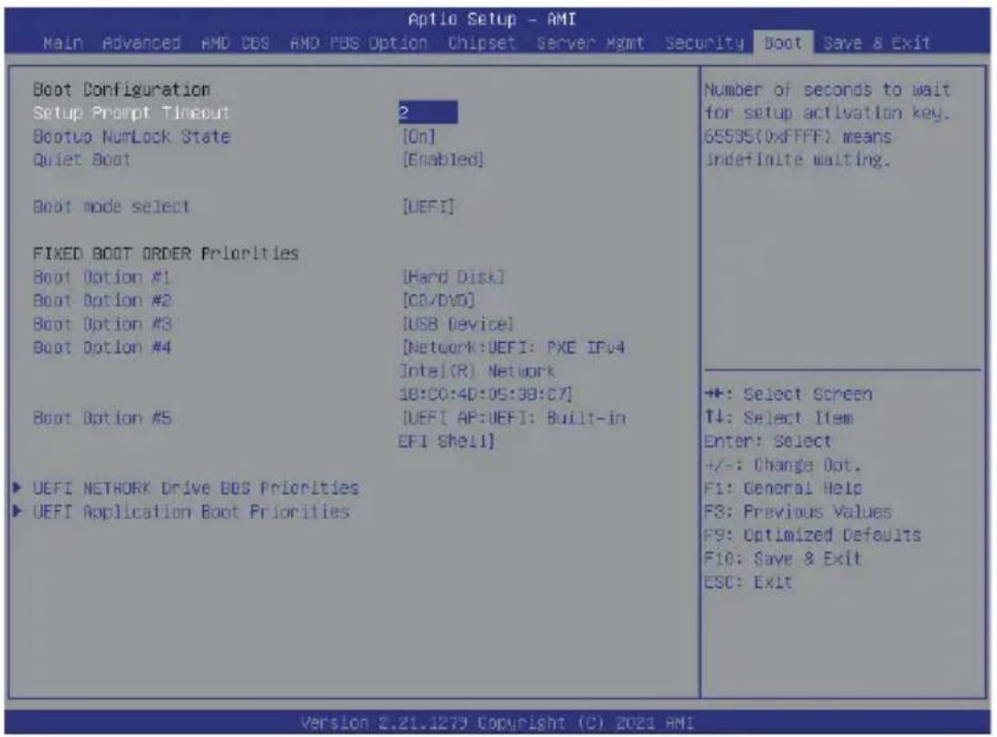 Aptio Setup - AMI Main Advanced AMD CBS AMD PBS Option Chipset Server Hgmt Security Boot Save & Exit Boot Configuration Setup Prompt Timeout 2 Bootup NumLock State [On] Quiet Boot [Enabled] Boot mode select [UEFI] FIXED BOOT ORDER Priorities Boot Option #1 [Hard Disk] Boot Option #2 [CD/DVD] Boot Option #3 [USB Device] Boot Option #4 [Network:UEFI: PXE IFv4 Intel(R) Network 18:CO:4D:OS:3B:C7] Boot Option #5 [UEFI AP:UEFI: Built-in EFI Shell] ▶ UEFI NETWORK Drive DOS Priorities ▶ UEFI Application Boot Priorities Number of seconds to wait for setup activation key. 6S59S(0xFFFF) means indefinite waiting. +: Select Screen T4: Select Item Enter: Select +/-: Change Opt. F1: General Help F3: Previous Values F9: Optimized Defaults F10: Save & Exit ESC: Exit Version 2.21.1279 Copyright (C) 2021 AMI