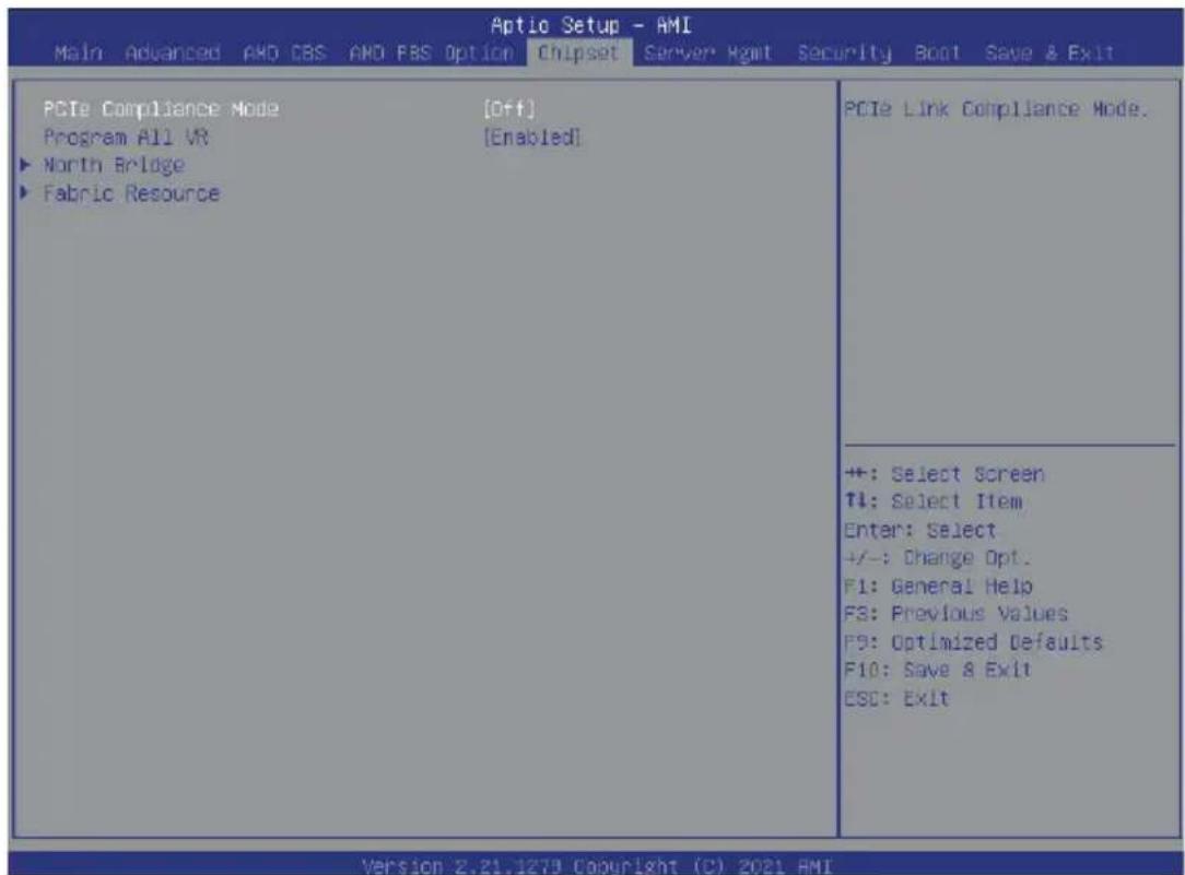 Aptic Setup - AMI Main Advanced AND CBS AND FBS Option Chipset Server Xgmt Security Boot Save & Exit PCIe Compliance Mode [Off] Program All VR [Enabled] ► North Bridge ► Fabric Resource PCIe Link Compliance Mode. +: Select Screen T↓: Select Item Enter: Select +/−: Change Opt. F1: General Help F3: Previous Values F9: Optimized Defaults F10: Save & Exit ESC: Exit Version 2.21.1279 Copyright (C) 2021 AMI