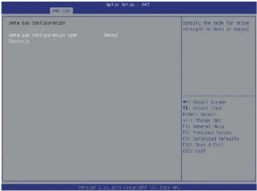 Aptio Setup - AMI AMD: CBS Data Bus Configuration Data Bus Configuration User [Auto] Controls Specify the mode for drive strength to Auto or Manual +: Select Screen ↑↓: Select Item Enter: Select +/-: Change Opt. F1: General Help F3: Previous Values F9: Optimized Defaults F10: Save & Exit ESC: Exit Version 2.21.1279 Copyright (C) 2021 AMI
