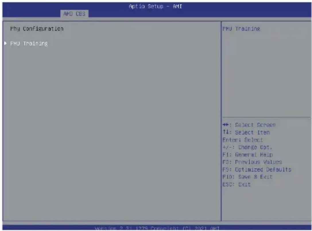 Aptio Setup - AMI AMD COS Phy Configuration ▶ FMU Training FMU Training +: Select Screen ↑↓: Select Item Enter: Select +/-: Change Opt. F1: General Help F3: Previous Values F9: Optimized Defaults F10: Save & Exit ESC: Exit Version 2-31 1278 Copyright (C) 2021 AKI