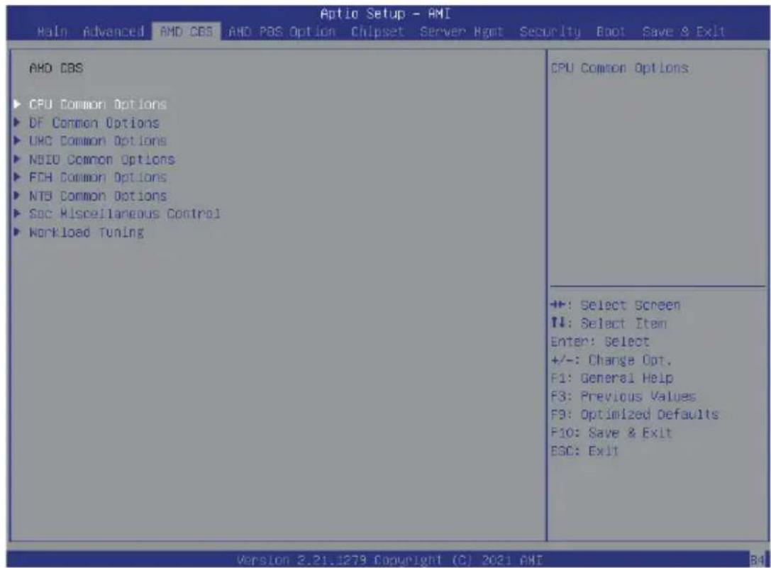 Aptio Setup - AMI Main Advanced AMD CBS AMD PDS Option Chipset Server Hgnt Security Boot Save & Exit AMD CBS ► CPU Common Options ► DF Common Options ► LHC Common Options ► NBIO Common Options ► FCH Common Options ► NTB Common Options ► Sac Miscellaneous Control ► Workload Tuning CPU Common Options +: Select Screen T#: Select Item Enter: Select +/-: Change Opt. F1: General Help F3: Previous Values F9: Optimized Defaults F10: Save & Exit ESC: Exit Version 2.21.1279 Copyright (C) 2021 AMI B4