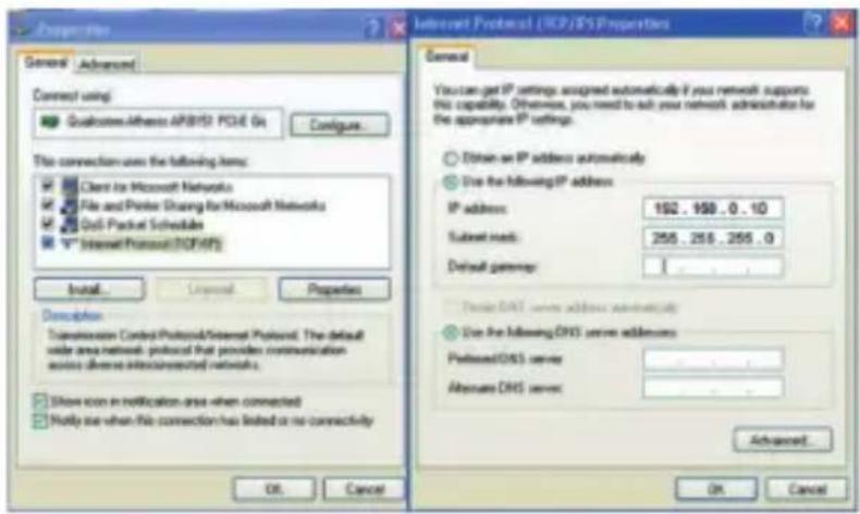 Properties General Advanced Connect using QualcommAthens API8152 PC36 Go Configure... File connection uses the following items: Client for Microsoft Networks File and Printer Sharing for Microsoft Networks Get Pack Schedule Internet Protocol (TCP/IP) Install Remove Properties Description Transaktion…