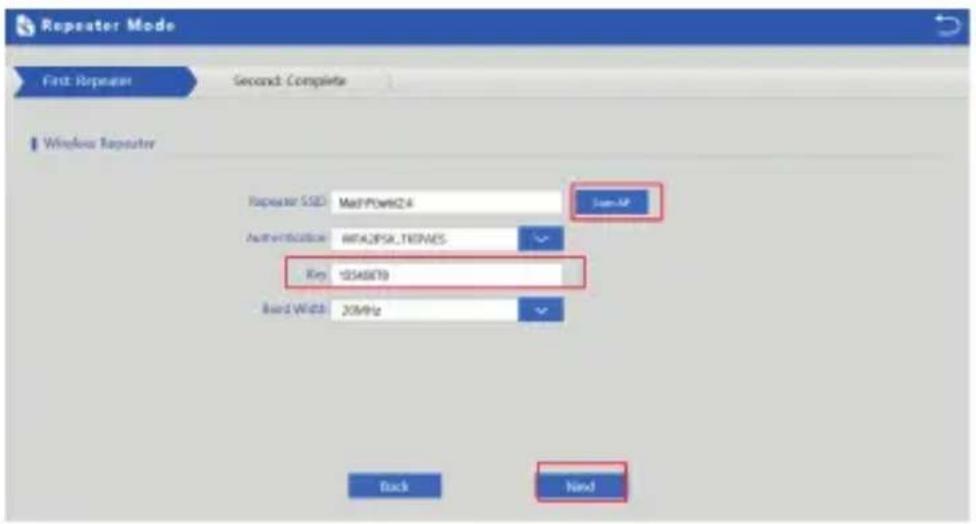 Repeater Mode First Repeater Second Complete Windows Repeater Registrar SSD MacPode2.4 Login Authentication MPLQPSL,TENES Rep: 0548070 Board WDS 20MHz Back Next