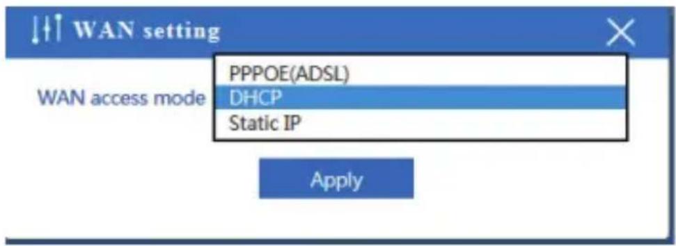 WAN setting PPPOE(ADSL) DHCP Static IP WAN access mode Apply