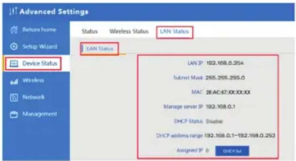 Advanced Settings Return home Setup Wizard Device Status LAN Status LAN IP 192.168.0.254 Subnet Mask 265.255.255.0 MAC 28:AC:67:XX:XX:XX Manage server IP 192.168.0.1 DHCP Status Disabee DHCP address range 192.168.0.1-192.168.0.253 Assigned IP 0 DHCP List